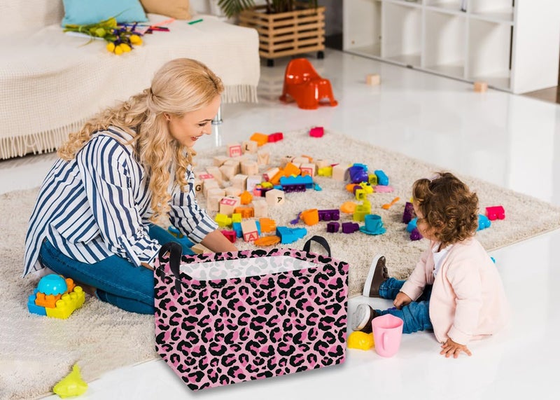 Essme Rectangular Kids Baskets,Pink Storage Basket with Handles for Girls Room Decor, Leopard Print Box,Cute Storage Bin(Pink leopard print) - Image 3